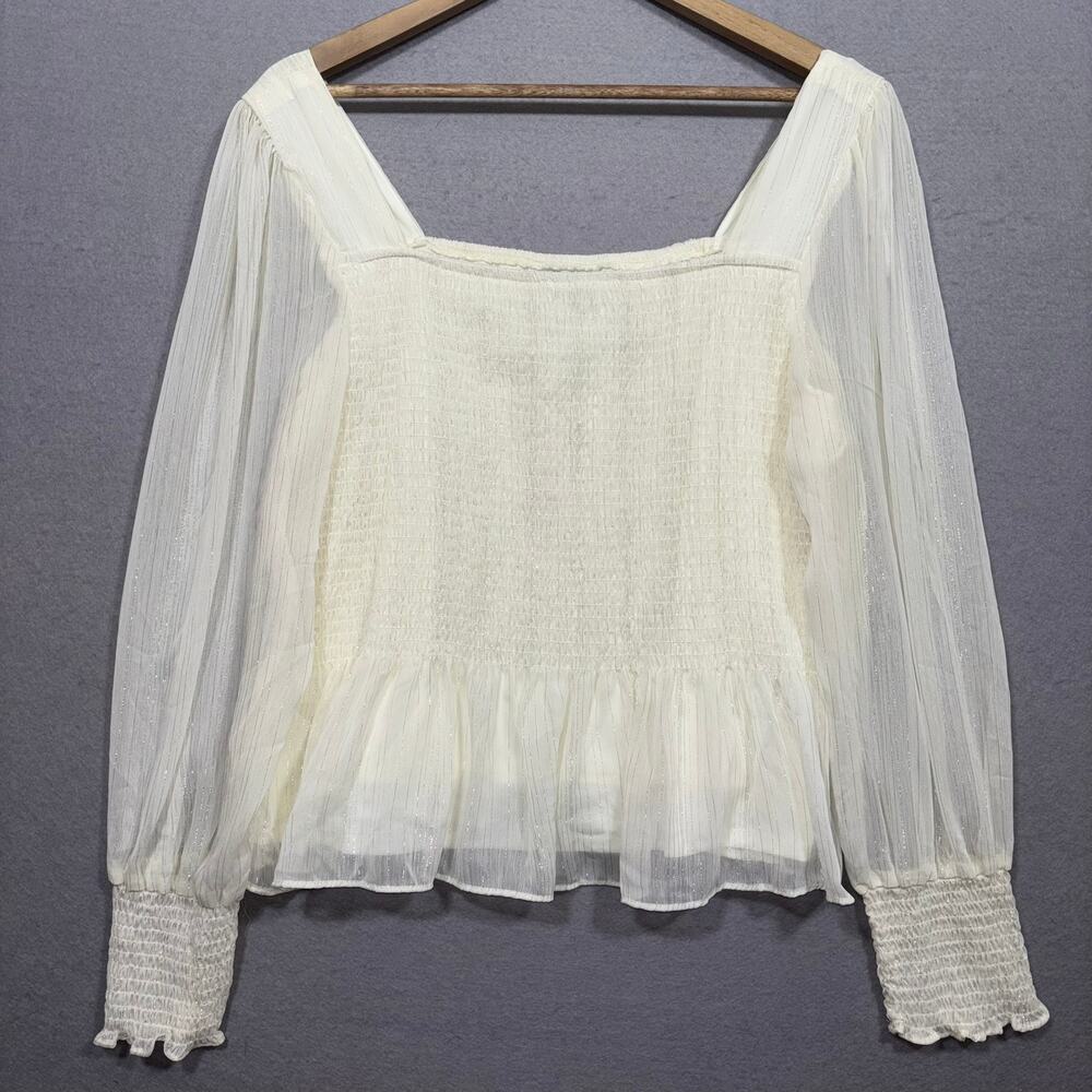 Nine West Sheer Blouse XXL White Cream Ruched Sleeve Romantic Boho Poet Top